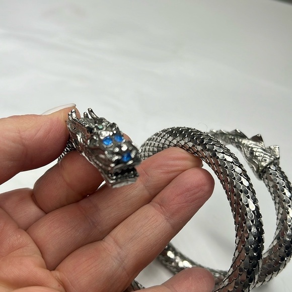 Silver Tone Mesh Coil Mesh Snake with Blue Crystal Eyes and Tail Bracelet - Picture 5 of 9
